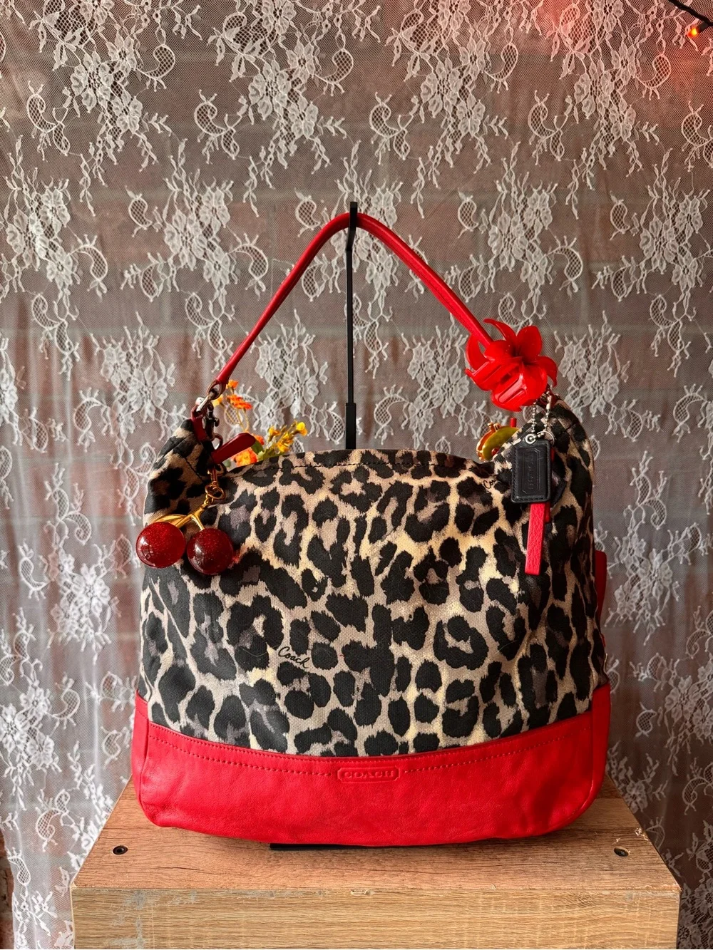Coach Leopard Print and Red Leather Hobo Bag